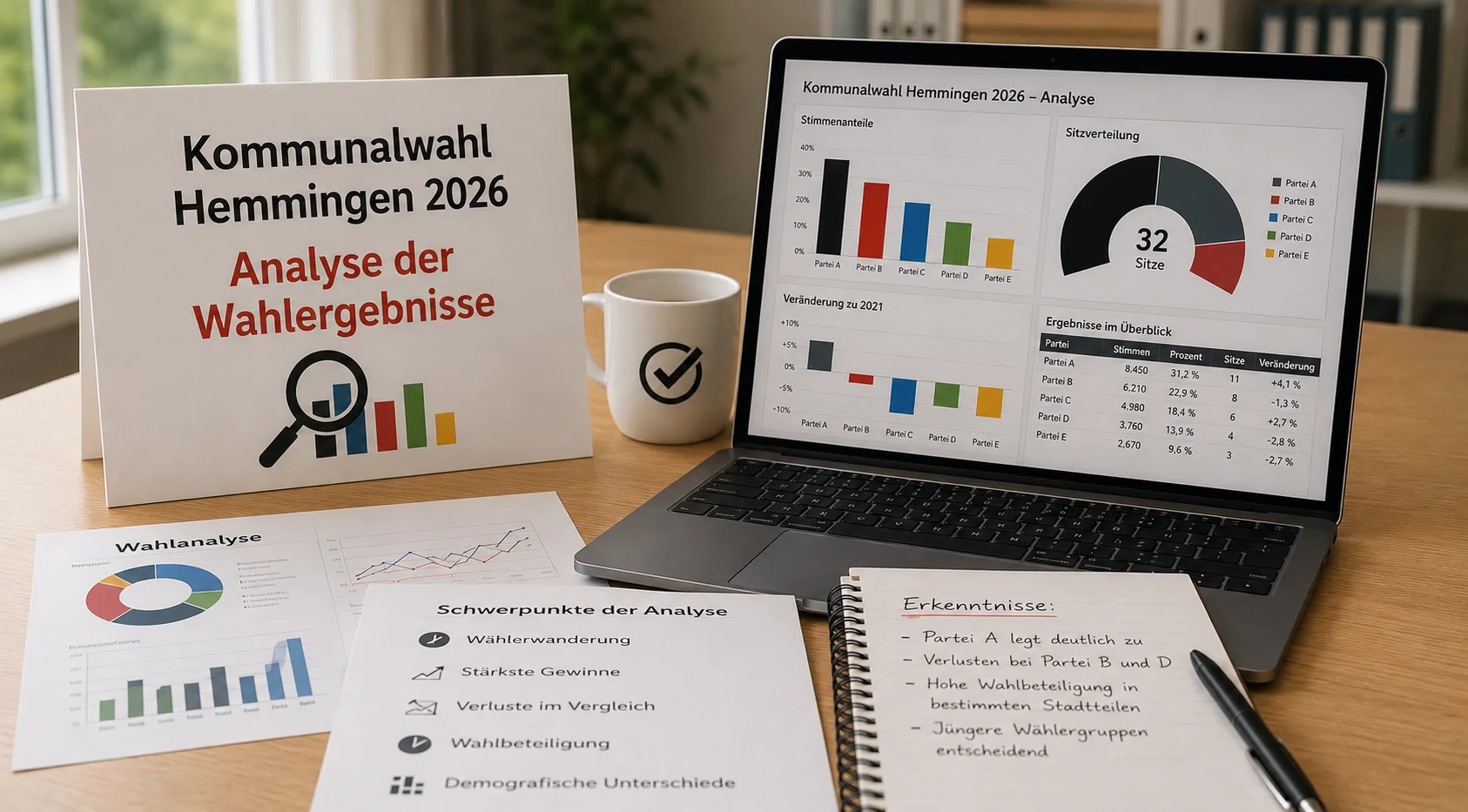 Analyse der Wahlergebnisse zur Kommunalwahl Hemmingen 2026 mit Diagrammen, Wahlstatistiken und Auswertung politischer Entwicklungen in Hemmingen und der Region Hannover