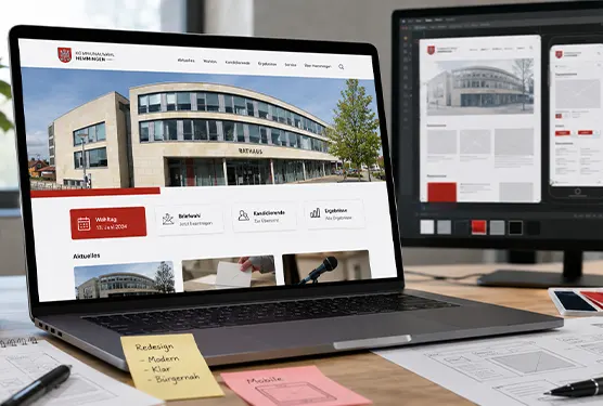 Modernes Webdesign für die neue Website zur Kommunalwahl Hemmingen mit Laptop, Rathausmotiv und roten Gestaltungselementen.